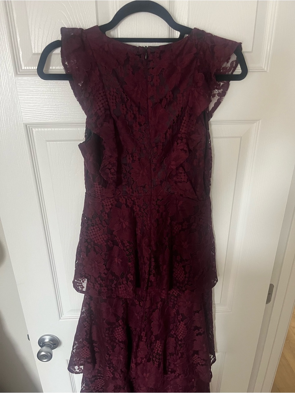 Lulu's Wine Burgundy Lace Ruffle Tiered V-Neck Maxi Dress - Picture 5 of 7